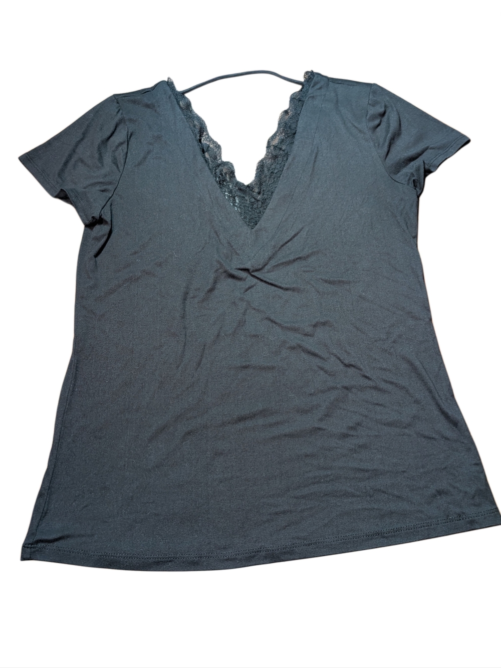 Daytrip Black Lace-Trim V-Neck Short Sleeve Top